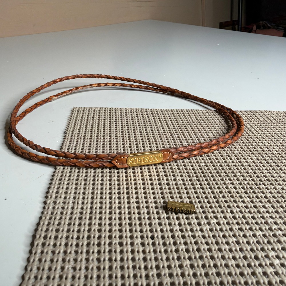 Stetson Braided Leather Cowboy Hat Band Brown Gold Logo Plaque Western Accessory